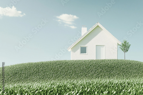 Wallpaper Mural Dream Home on a Hill: A pristine, minimalist house sits atop a grassy hill under a serene sky, embodying tranquility, simplicity, and the dream of home ownership.  Torontodigital.ca