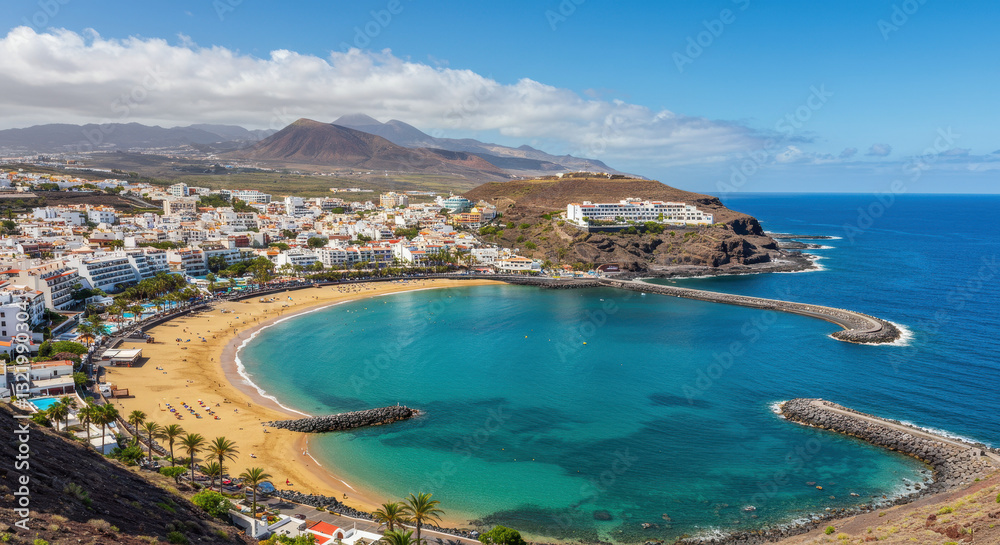 Fototapeta premium Tenerife's Coastal Charm: Scenic Beach Views & Island Paradise, Vacation Getaway, Volcanic Mountains, Clear Blue Ocean Waters, Resort Town.