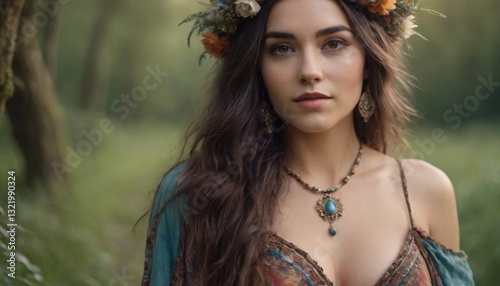 Bohemian Spirit Woman with Flowy Dress, Earthy Tones, and Natural Accessories | Free-Spirited Lifestyle & Fashion