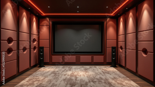 A spacious room with multiple acoustically designed walls and a large screen for presentations or entertainment purposes.