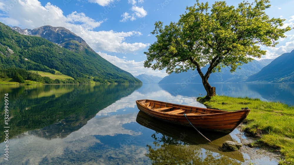 A rustic wooden boat tethered to a lone tree, overlooking the glassy surface of a mountain lake. A rustic wooden boat tethered to a lone tree, overlooking the glassy surface of a mountain lake.