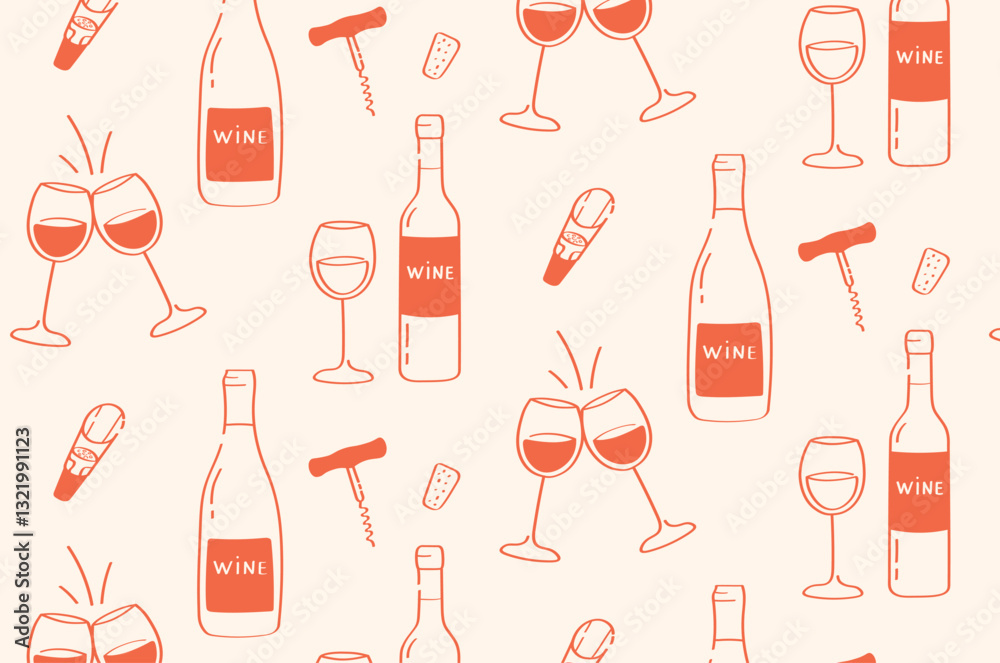 Seamless pattern with different shaped wine bottles, glasses, hand corkscrew, corks and wine aerator