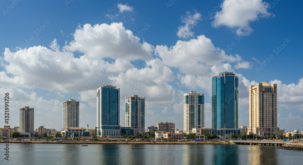 Obraz premium Tripoli Skyline: Libya's Urban Beauty - Modern Architecture, Waterfront View & Blue Sky! Explore the Cityscape Today.