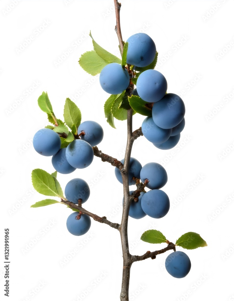 Twig with ripe sloe berries and green leaves isolated on white background Twig with ripe sloe berries and green leaves isolated on white background