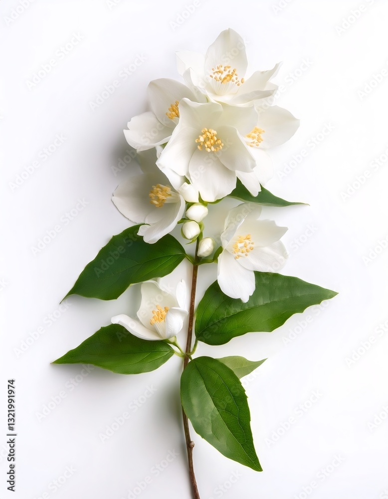 Jasmine vine displaying fragrant white blossoms, glossy green leaves climbing against clean white background Jasmine vine displaying fragrant white blossoms, glossy green leaves climbing against clean white background