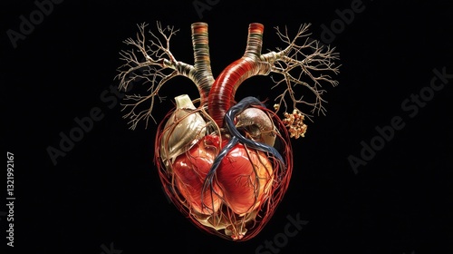 A scientific 3D-rendered heart diagram showing major arteries and veins in high detail. photo