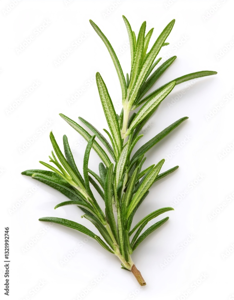 Fototapeta premium Close up rosemary sprig displaying aromatic green needle shaped leaves resting on pristine white surface
