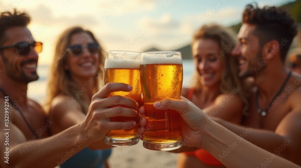 Celebrating life and friendship with beer toasts at a vibrant carnival party in Rio de Janeiro under the warm glow of natural lighting Celebrating life and friendship with beer toasts at a vibrant carnival party in Rio de Janeiro under the warm glow of natural lighting