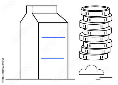 Minimalistic milk carton alongside stacked coins highlighting money, market, spending, or dairy cost concepts. Ideal for finance, pricing, sustainability, retail dairy economy commerce. Flat