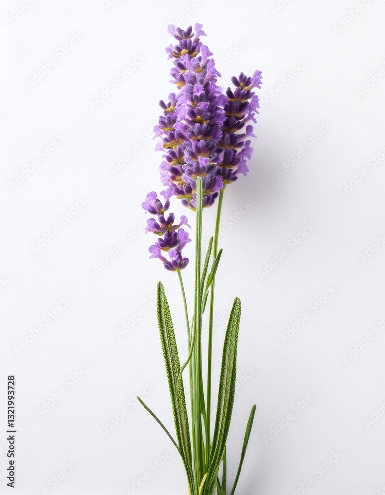 Fototapeta premium Studio shot of a fresh lavender plant with vibrant purple flowers and green leaves, isolated on a white background