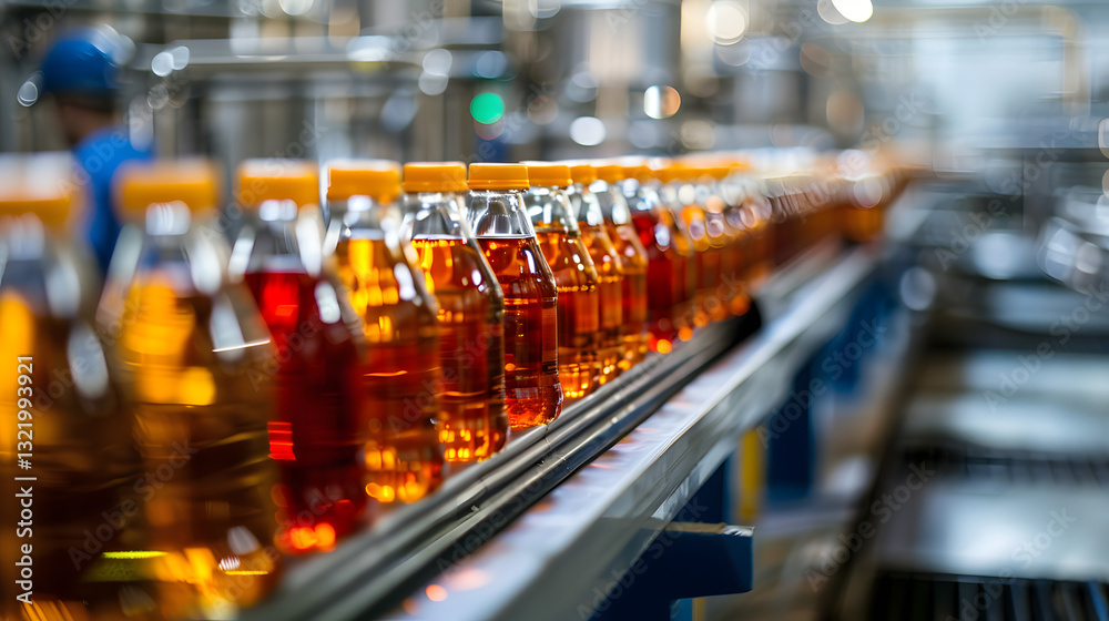 A line of orange bottles on a conveyor belt A line of orange bottles on a conveyor belt
