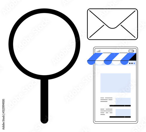 Magnifying glass, envelope, and webpage with storefront banner convey search, email, and online business presence. Ideal for marketing, SEO, communication, branding e-commerce business tools web