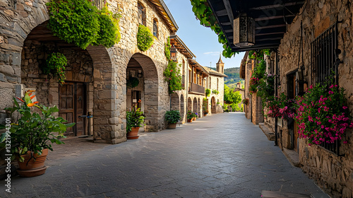 Picturesque Medieval Stone Street With Colorful Flowers And Plants In A Historic Spanish Village