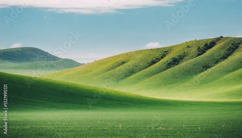 Gentle green hills stretch beneath a clear sky, offering a tranquil, minimalist landscape bathed in soft light