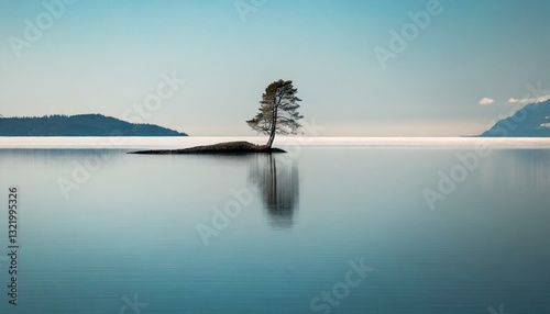 A solitary tree stands on a gentle hill under a soft green sky, capturing a quiet sense of minimalism and calm