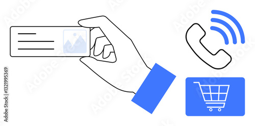Hand holding business card, phone receiver with signal lines, shopping cart icon. Ideal for networking, e-commerce, contact exchange, branding, marketing communication customer service. Flat simple