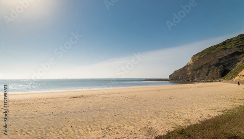 A wide, sunlit beach with gentle waves rolling under a pale sky, conveying calm and minimal coastal beauty.