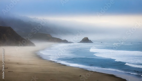 Gentle cliffs and a calm shoreline stretch beneath a hazy horizon, evoking a sense of tranquil coastal beauty.