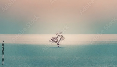 A solitary tree stands on a gentle hill under a soft green sky, capturing a quiet sense of minimalism and calm