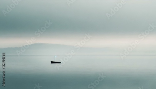 A lone boat floats on still waters under a soft gray sky, creating a serene, minimalist scene of tranquility and quiet reflection