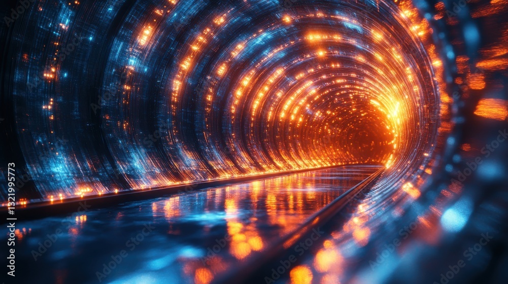 Vibrant exploration through an abstract glowing tunnel inspiring wonder and curiosity, featuring intertwined lights and reflections Vibrant exploration through an abstract glowing tunnel inspiring wonder and curiosity, featuring intertwined lights and reflections