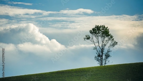 A solitary tree stands on a gentle hill under a soft green sky, capturing a quiet sense of minimalism and calm