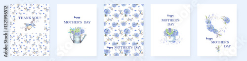 Mother's day invivations cards. Blue hydrangeas, bicycle, floral bouquet. Spring flowers. Watercolor clipart.