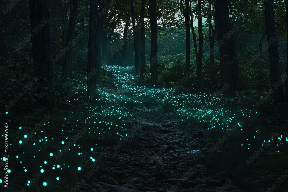 Fototapeta premium Enchanted Forest with Glowing Blue Flowers and Mysterious Atmosphere