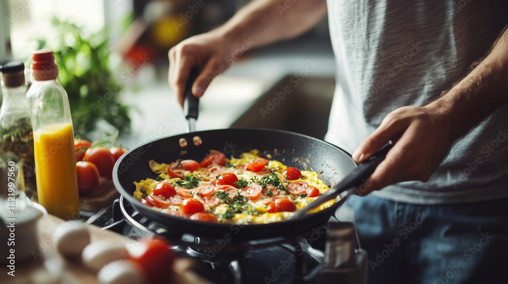 Chef preparing delicious scrambled eggs with tomatoes and parsley in a frying pan, healthy breakfast or brunch concept