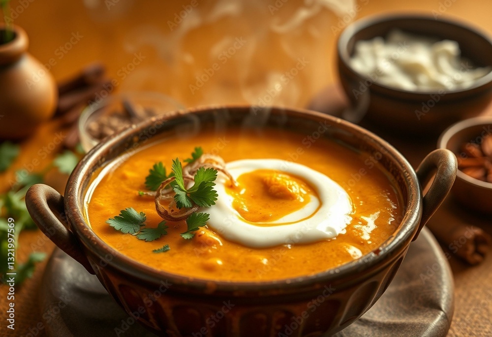 Steaming hot Curry in rustic earthenware bowl Steaming hot Curry in rustic earthenware bowl