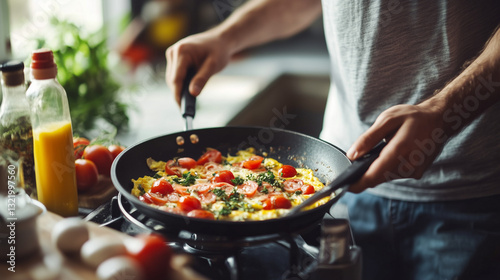Chef preparing delicious scrambled eggs with tomatoes and parsley in a frying pan, healthy breakfast or brunch concept