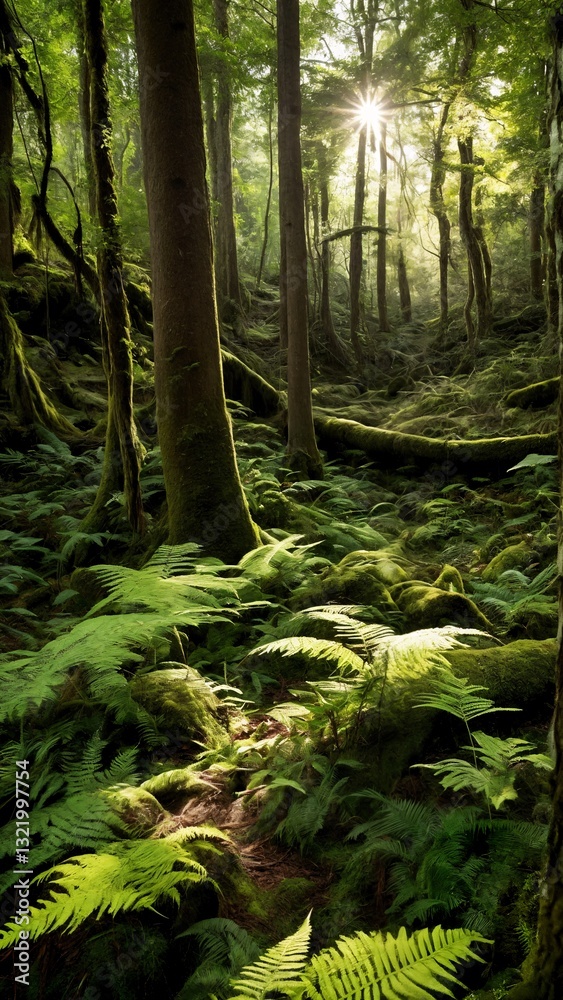 A forest filled with lots of green ferns and trees. A forest filled with lots of green ferns and trees.