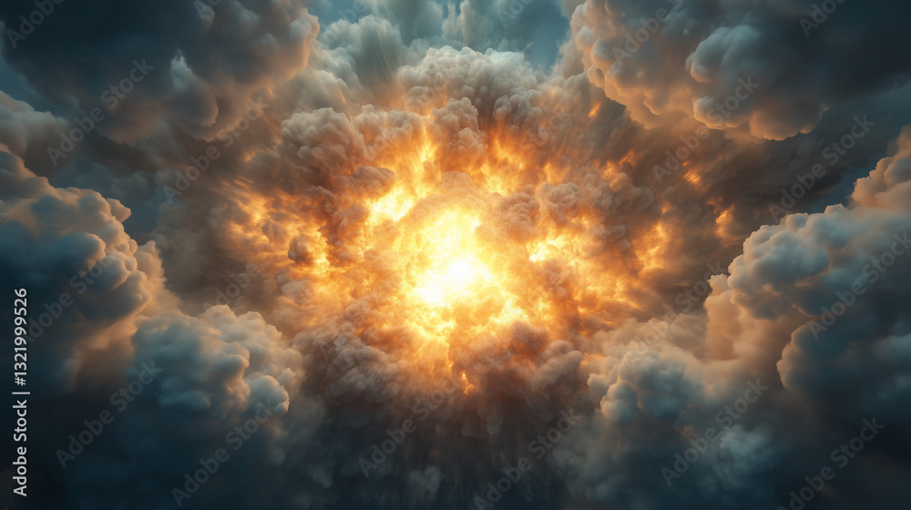 Dramatic explosion illuminated by bright flames and dense clouds, captured during a sunset display in a remote landscape Generative AI Dramatic explosion illuminated by bright flames and dense clouds, captured during a sunset display in a remote landscape Generative AI