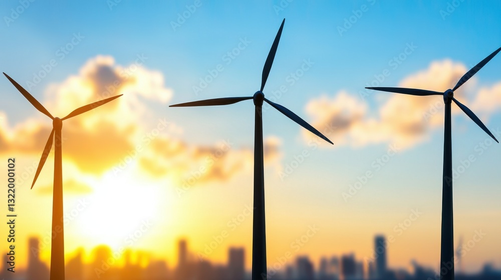 Fototapeta premium Silhouetted Wind Turbines at Sunset Over City