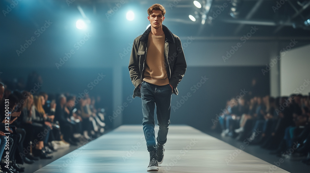Fashion model strutting down the catwalk during a vibrant fashion show, captivating the audience with style and confidence