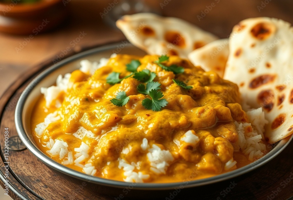 Photorealistic image of Indian curry with basmati rice and naan bread Photorealistic image of Indian curry with basmati rice and naan bread