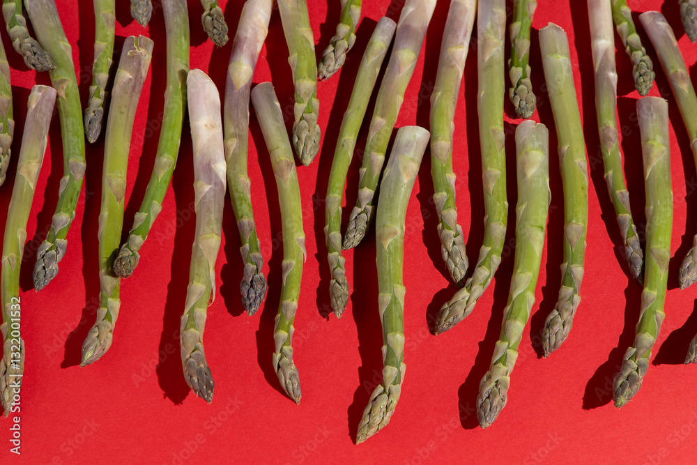 Green asparagus on red background. Vegetable food top view. Sprouts stems pattern Green asparagus on red background. Vegetable food top view. Sprouts stems pattern