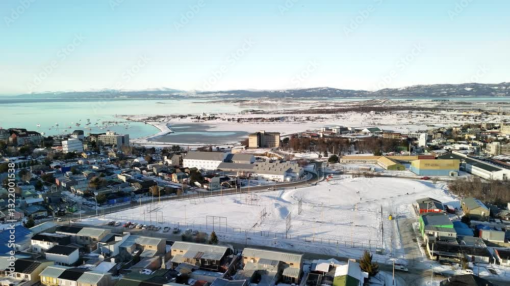 Ushuaia city, port and bay during the snowy winter