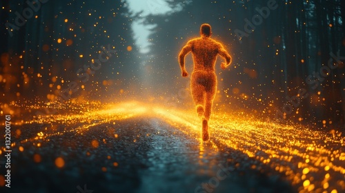 Fiery Runner: A Digital Art Depiction of a Man Running Through a Forest Path Lit by Glowing Embers