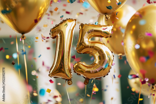 A sparkling gold foil 15 balloon with elegant gold balloons and colorful confetti in motion, exuding excitement and vibrancy, perfect for bright, dynamic event banners and celebrations