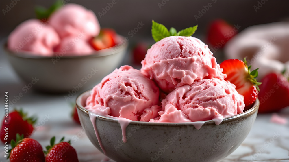 Fresh Strawberry Ice Cream in Ceramic Bowl with Ripe Berries on Rustic Background – Delicious Frozen Dessert Photography Fresh Strawberry Ice Cream in Ceramic Bowl with Ripe Berries on Rustic Background – Delicious Frozen Dessert Photography
