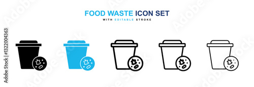 Food waste icons vector set in black and blue colors