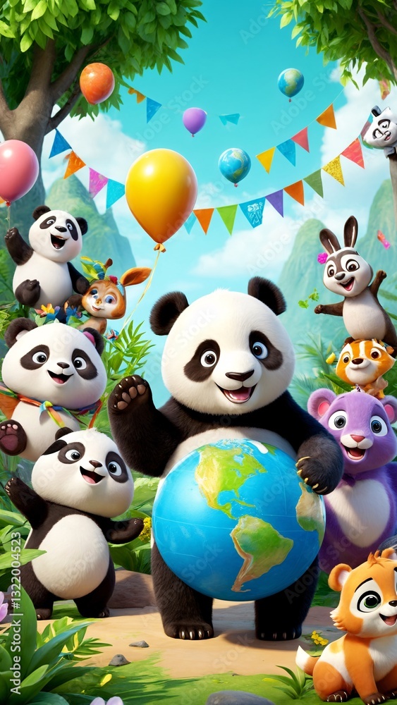 Naklejka premium A group of pandas standing around a globe in a jungle.