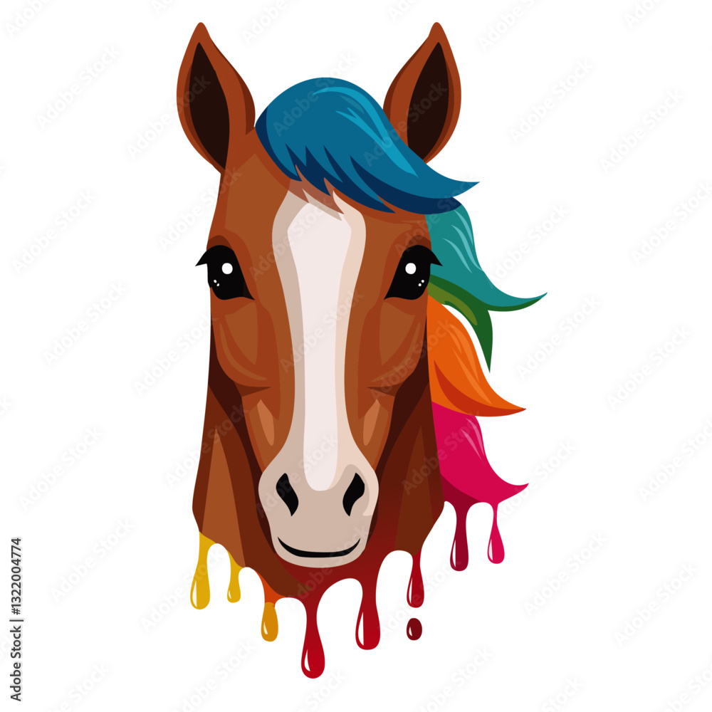 Portrait of a cute horse, dripping liquid colors vector icon design