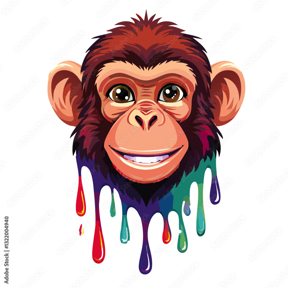 Portrait of a cute monkey, dripping liquid colors vector icon design