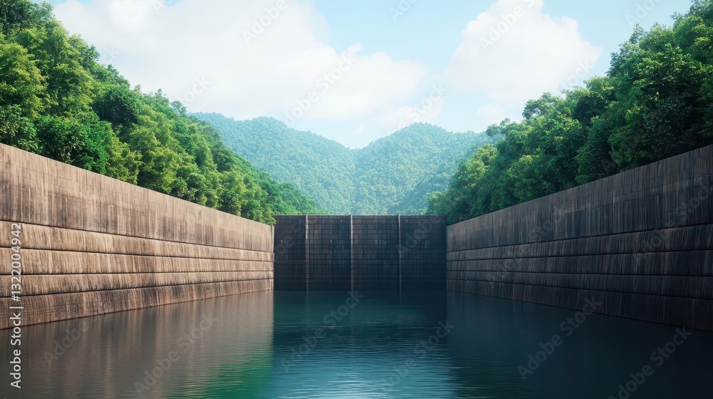 Minimalist digital rendering of a hydroelectric dam in a scenic natural setting Minimalist digital rendering of a hydroelectric dam in a scenic natural setting