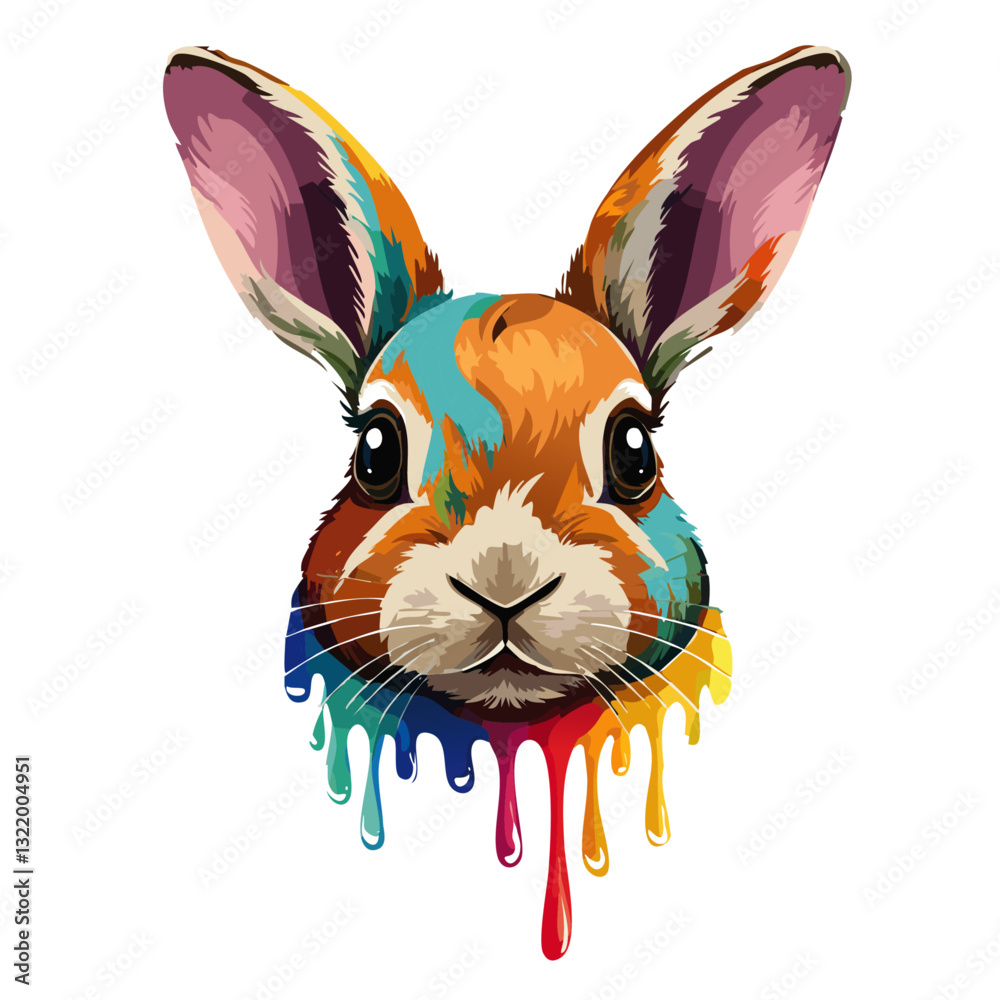 Portrait of a cute rabbit, dripping liquid colors vector icon design