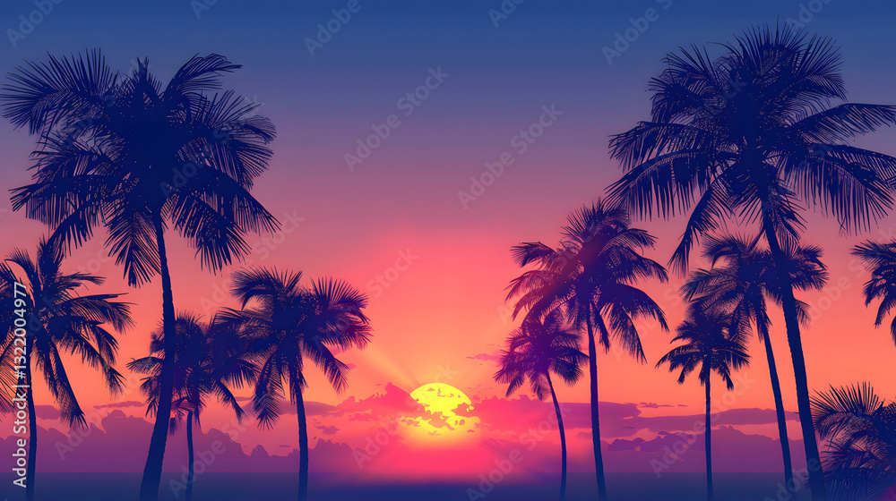 A sunset over a palm tree forest A sunset over a palm tree forest