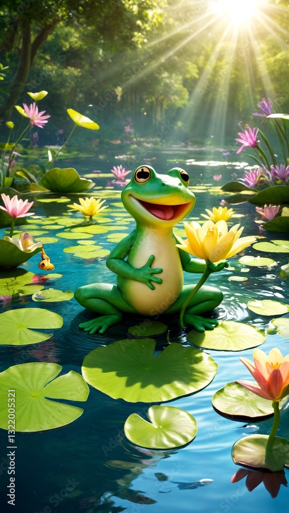Fototapeta premium A green frog sitting on top of a pond filled with water lilies.