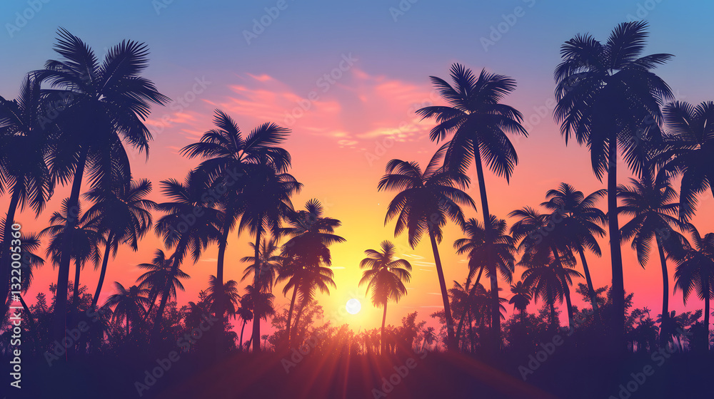Obraz premium A beautiful sunset over a palm tree forest